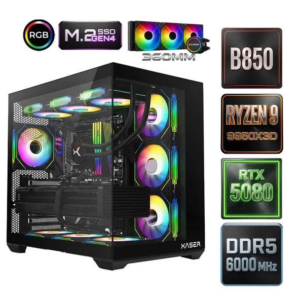Xaser Diamond x8 Ryzen 9 9950X3D 32GB Ram 1TB M.2 NVMe SSD 16GB RTX5080 Oyuncu Tavsiye Sistem ürün görseli 1