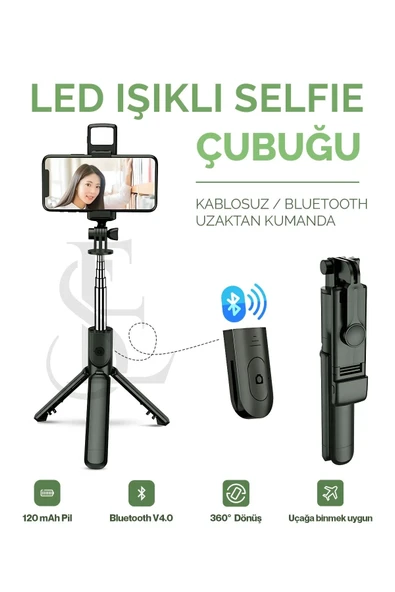 Led Işıklı Selfie Çubuğu Bluetooth Kumandalı Kablosuz Tripot Selfie Monopod Selfie Stick SİYAH ürün görseli 1