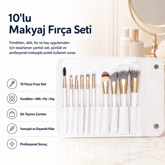 Makyaj Fırça Seti Çantalı 10lu  Far ve Kaş Fırçaları ürün görseli 1