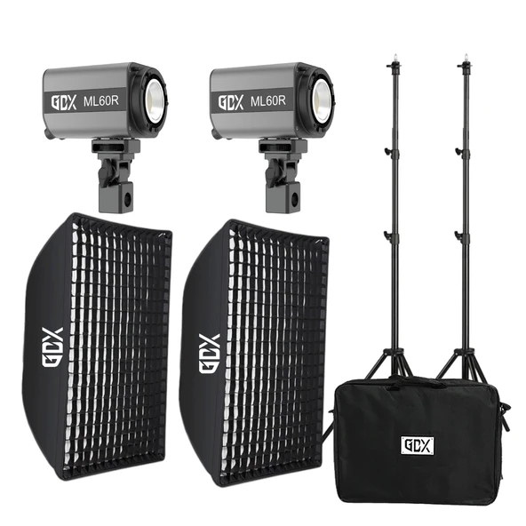GDX ML60RGB 60W RGB Bataryalı Led İkili Set 60x90 Gridli Softbox 2.6m Işık Ayaklı ürün görseli 1