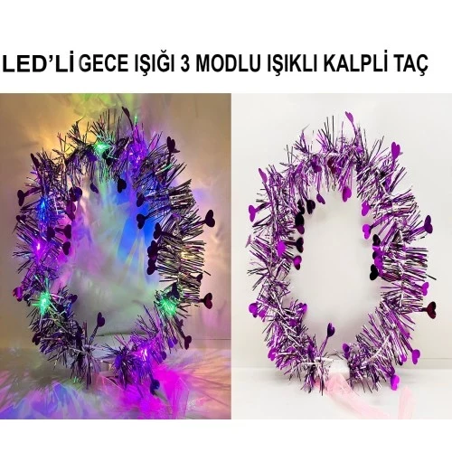 Kalp Püsküllü 3 Modlu LED Işıklı Taç Mor Renk ürün görseli 1