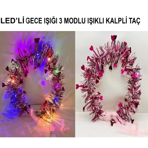 Kalp Püsküllü 3 Modlu LED Işıklı Taç Fuşya Renk ürün görseli 1