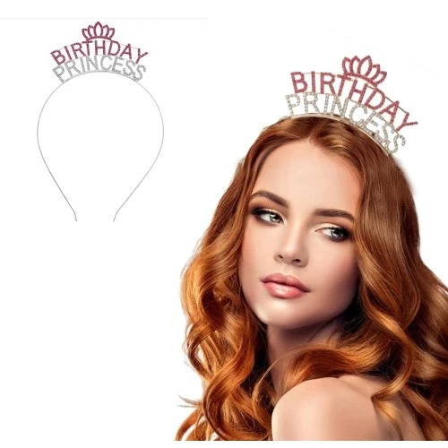 Kristal Taşlı Birthday Princess Yazılı Parti Tacı Pembe Renk ürün görseli 1