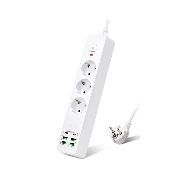 HEPU HP-H11 4x USB 2x Type-C 3lü 2mt Kablolu 18W Akım Korumalı Grup Priz 13000W ürün görseli 1