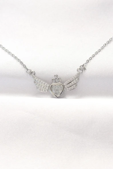 316L Çelik Silver Renk Zirkon Taşlı Kalpli Kanat Kolye - TJ-BKO8515 TG-1395 339534 ürün görseli 1