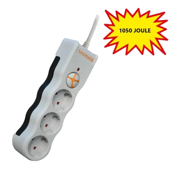 Tunçmatik Üçlü Akım Korumalı Priz Beyaz Renk Anahtarlı, 1.5 Metre Kablolu 1050 Joule TSK19009 ürün görseli 1