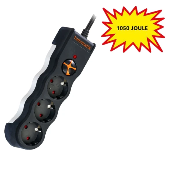 Tunçmatik Üçlü Akım Korumalı Priz Siyah Renk Anahtarlı, 1.5 Metre Kablolu 1050 Joule TSK19010 ürün görseli 1