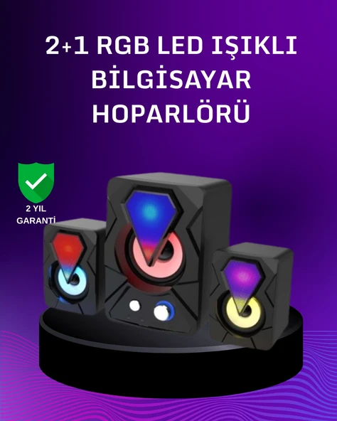 USB Bağlantılı RGB 2.1 Hoparlör Seti Derin Bas ve Renkli Işık ürün görseli 1