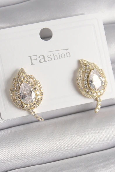 Pirinç Gold Renk Zirkon Taşlı Yaprak Model Kadın Küpe ürün görseli 1