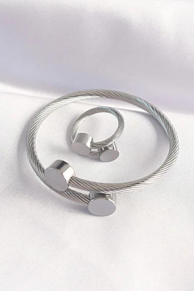316L Çelik Gümüş Renk Oval Aksesuarlı Burgu Model Bileklik ve Yüzük Kombini - TJ-EB3653 TG-1395 339625 ürün görseli 1