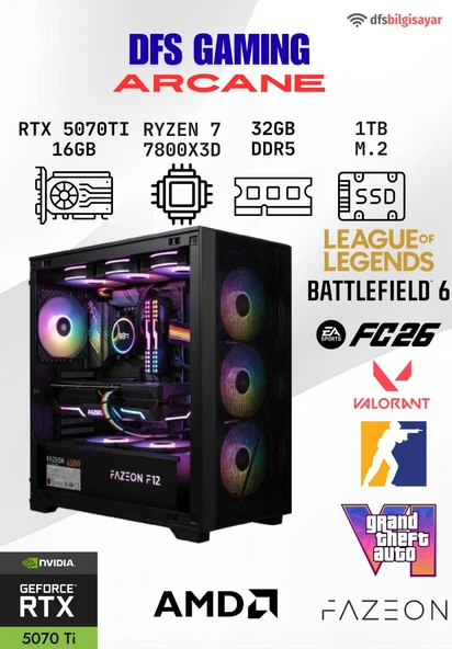 DFS GAMING ARCANE RYZEN 7 7800X3D-B650M-RTX 5070 TI 16GB-32GB DDR5 RAM-1TB M.2 SSD-MASAÜSTÜ OYUNCU BİLGİSAYARI ürün görseli 1