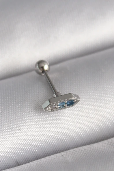 316L Çelik Gümüş Renk Mavi Zirkon Taşlı Tragus Piercing ürün görseli 1