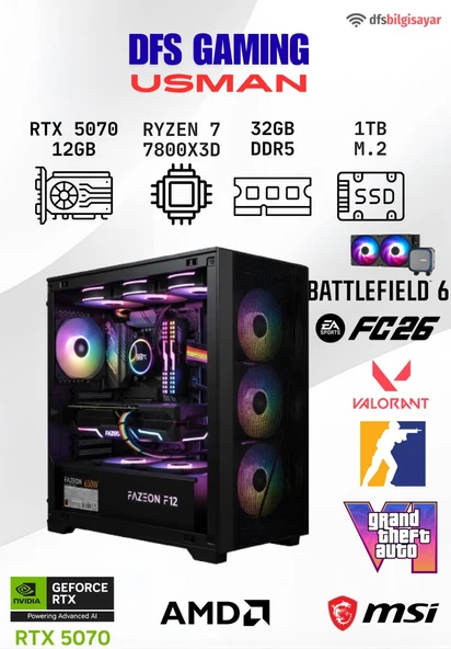 DFS GAMING USMAN RYZEN 7 7800X3D-B650M-RTX 5070-32GB DDR5 RAM-1TB M.2 SSD-MASAÜSTÜ OYUNCU BİLGİSAYARI ürün görseli 1