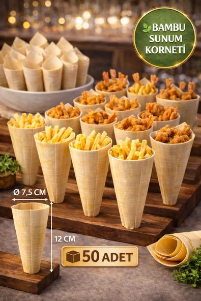 50'li Pkt Medium Bambu Sunum Korneti 12,5x7 cm Doğal Sunum Külahı Kokteyl Catering Finger Food Sunumluk ürün görseli 1