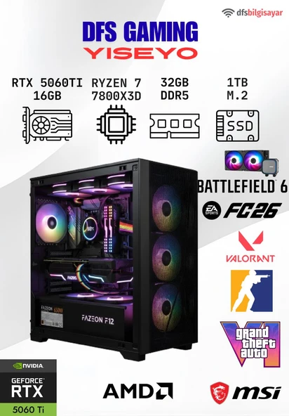 DFS GAMING YISEYO RYZEN 7 7800X3D-B650M-RTX 5060 TI 16GB-32GB DDR5 RAM-1TB M.2 SSD-MASAÜSTÜ OYUNCU BİLGİSAYARI ürün görseli 1
