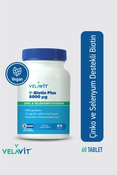 VELAVİT VELAVİT V-Biotin Plus 5000mcg Takviye Edici Gıda 60 Tablet ürün görseli 1