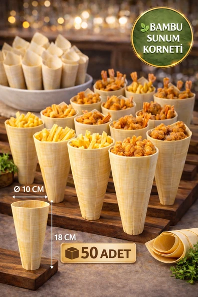 50'li Pkt Large Bambu Sunum Korneti 18x10 cm Doğal Sunum Külahı Kokteyl Catering Finger Food Sunumluk ürün görseli 1