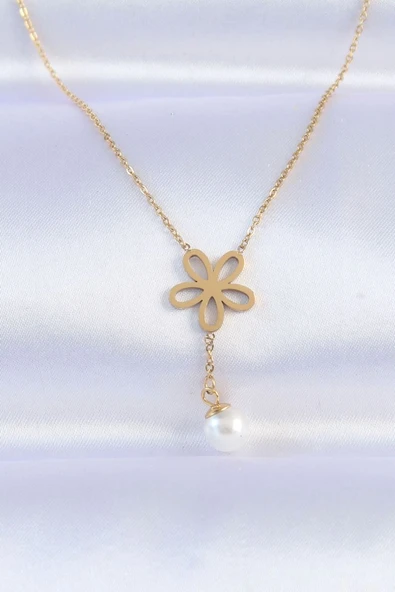 316L Çelik Zincir Gold Renk İnci Detay Çiçek Kolye - TJ-BKO8730 TG-1395 339708 ürün görseli 1