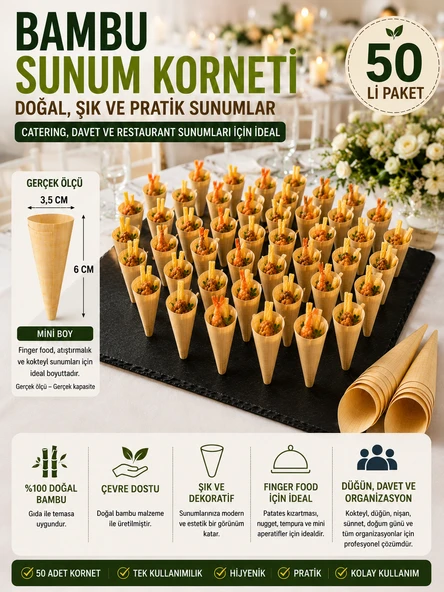 50'li Pkt Mini Bambu Sunum Korneti 6x3,5 cm Doğal Sunum Külahı Kokteyl Catering Finger Food Sunumluk ürün görseli 1