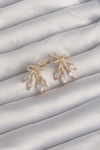 Pirinç Gold Renk Zirkon Taşlı Fiyonk Küpe - TJ-BKP9293 TG-1395 339926 ürün görseli 1