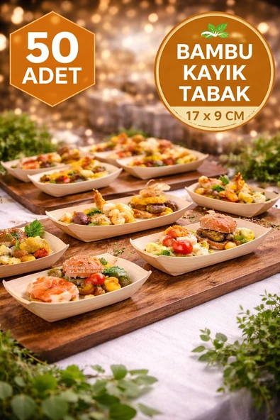 50'li Pkt Büyük Bambu Kayık Tadım Tabağı 17x9 cm – Kokteyl Sunum Tabağı Catering Parti Servis Tabak ürün görseli 1