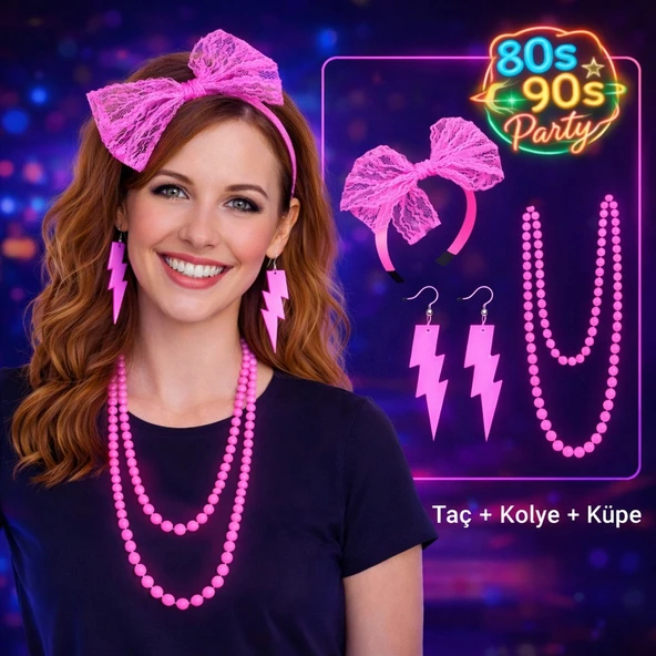 80’ler 90’lar Neon Pembe Parti Seti – Kolye Küpe Taç ürün görseli 1