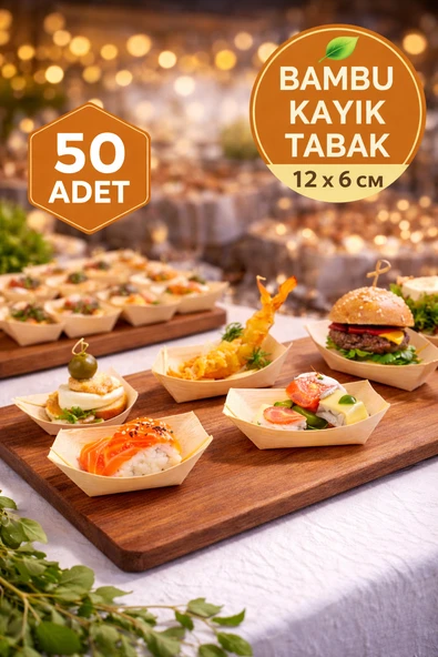 50'li Pkt Mini Bambu Kayık Tadım Tabağı 12x6 cm – Kokteyl Sunum Tabağı Catering Parti Servis Tabak ürün görseli 1