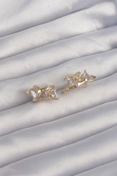 Pirinç Gold Renk İri Zirkon Taşlı Kıvrımlı Minimal Kelebekli Halka Küpe - TJ-BKP9289 TG-1395 339922 ürün görseli 1