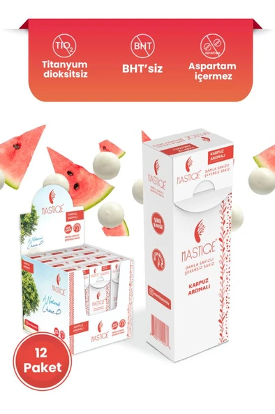 Mastiqe Doğal Karpuz Aromalı Damla Sakızlı Şekersiz Sakız 20 Gr x12 Adet ürün görseli 1