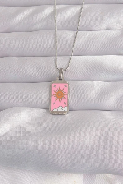 316L Çelik Gümüş Renk Pembe Mineli Güneş Model Tarot Kolye - TJ-BKO9043 TG-1395 340038 ürün görseli 1