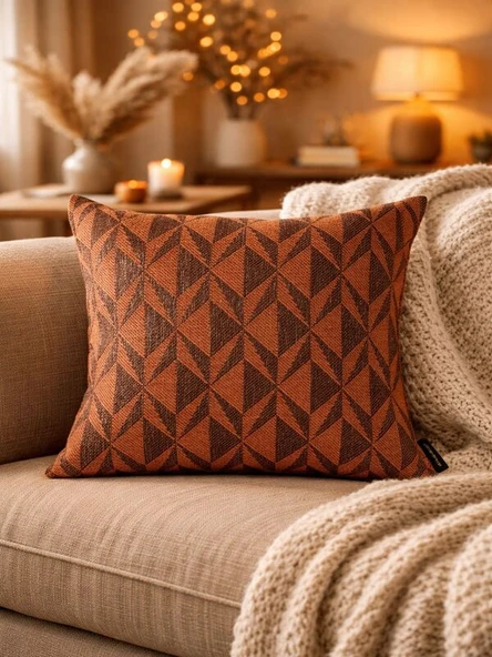 Kiremit Melanj Geometrik Desenli Keten Kırlent Kılıfı 43x43 cm – Premium Collection ürün görseli 1