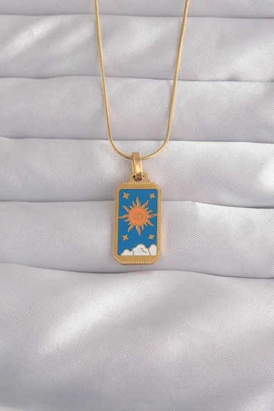 316L Çelik Gold Renk Mavi Mineli Güneş Model Tarot Kolye - TJ-BKO9026 TG-1395 340024 ürün görseli 1