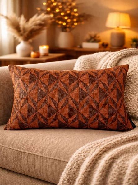 Kiremit Melanj Geometrik Desenli Keten Kırlent Kılıfı 35x50 cm – Premium Collection ürün görseli 1
