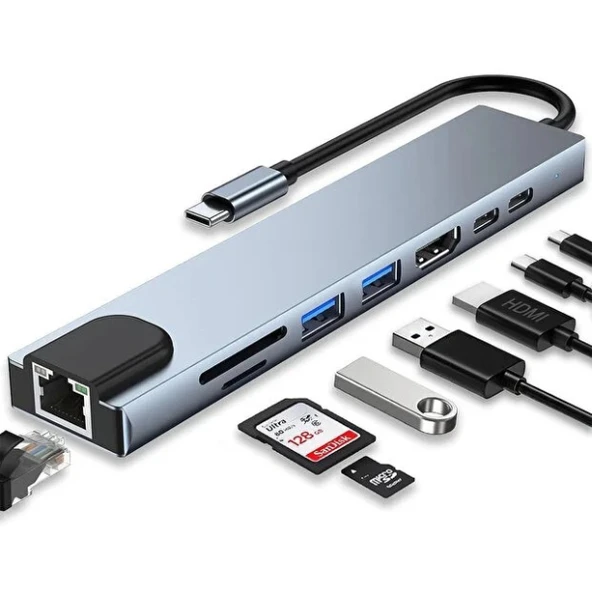 Type C Girişli 8 Port Dönüştürücü Ve Çoklayıcı ürün görseli 1