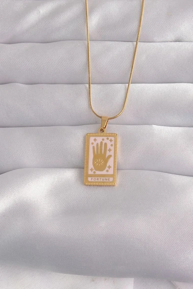316L Çelik Gold Renk Pembe Mineli El Figür Tarot Kolye - TJ-BKO9031 TG-1395 340029 ürün görseli 1