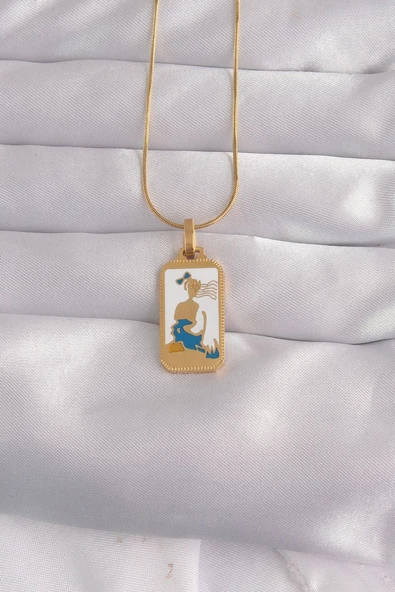 316L Çelik Gold Renk Beyaz Mineli Kız Figür Tarot Kolye - TJ-BKO9027 TG-1395 340025 ürün görseli 1