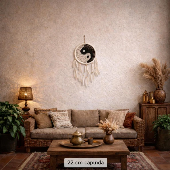 Yin Yang Rüya Kapanı Duvar Süsü – El Yapımı Makrome Dreamcatcher Bohem Duvar Dekoru Tüylü Bambu Kasnak Ev Dekorasyonu ürün görseli 1