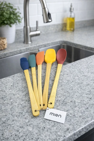 MİEN Doğal Bambu Saplı Silikon Mutfak Seti 5 Li ürün görseli 1