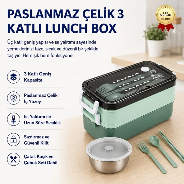 Yeşil Paslanmaz Çelik 3 Katlı Yemek Taşıma Kabı Isı Yalıtımlı Lunch Box ürün görseli 1