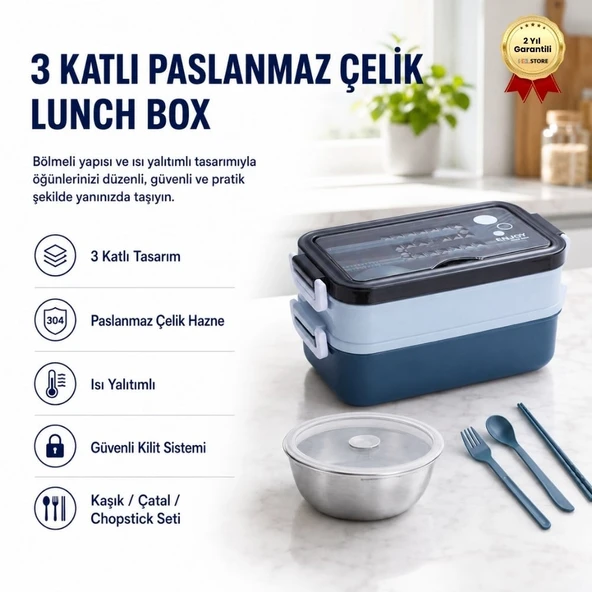 Mavi Paslanmaz Çelik 3 Katlı Yemek Taşıma Kabı Isı Yalıtımlı Lunch Box ürün görseli 1