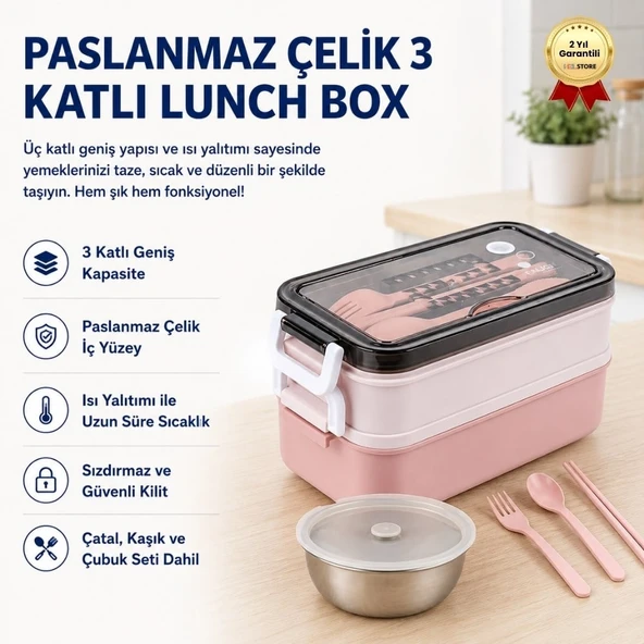 Pembe Paslanmaz Çelik 3 Katlı Yemek Taşıma Kabı Isı Yalıtımlı Lunch Box ürün görseli 1