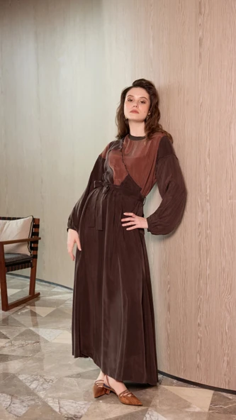 Misswhence Patchwork Elbise 39801 KAHVE - Resim 5
