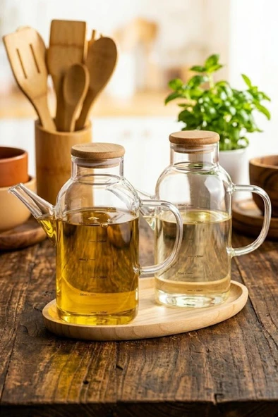 Atbyhome 2'li Isıya Dayanıklı Borosilikat Cam 600 ml Bambu Kapaklı Yağlık Sirkelik Bambu Standlı ürün görseli 1