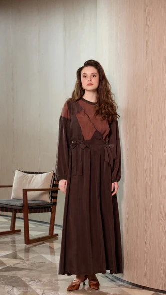 Misswhence Patchwork Elbise 39801 KAHVE - Resim 3