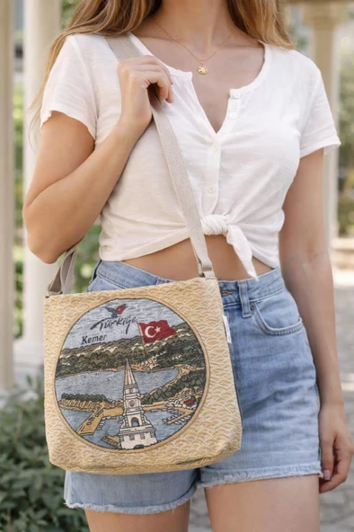 Kadın Dokuma Plaj Çantası Kemer Türkiye Desenli Omuz Çantası Geniş Hacimli Tatil Çantası 33x75 cm ürün görseli 1