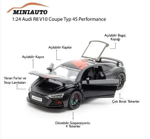 Mınıauto Audi R8 Siyah 1:24 Metal Çek Bırak Kapıları Açılan Sesli Işıklı Araba ürün görseli 1