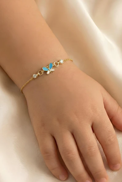 925 Ayar Gümüş Bileklik Altın Yaldızlı Mavi Mineli Kelebek Figürlü Çocuk Bileklik SGTL13295GOLD ürün görseli 1