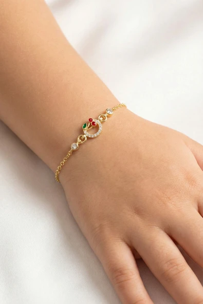 925 Ayar Gümüş Kiraz Figürlü Altın Kaplama Taşlı Çocuk Bileklik SGTL13298GOLD ürün görseli 1