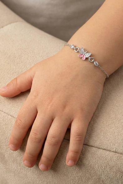 925 Ayar Gümüş Pembe Mineli Kelebek Figürlü Çocuk Bileklik SGTL13297RODAJ ürün görseli 1