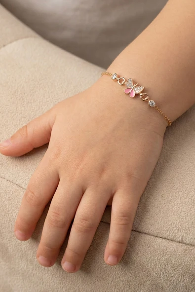 925 Ayar Gümüş Pembe Mineli Rose Kelebek Figürlü Çocuk Bileklik SGTL13297ROSE ürün görseli 1